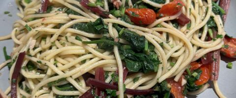pasta with chard, spinach, and tomatoes