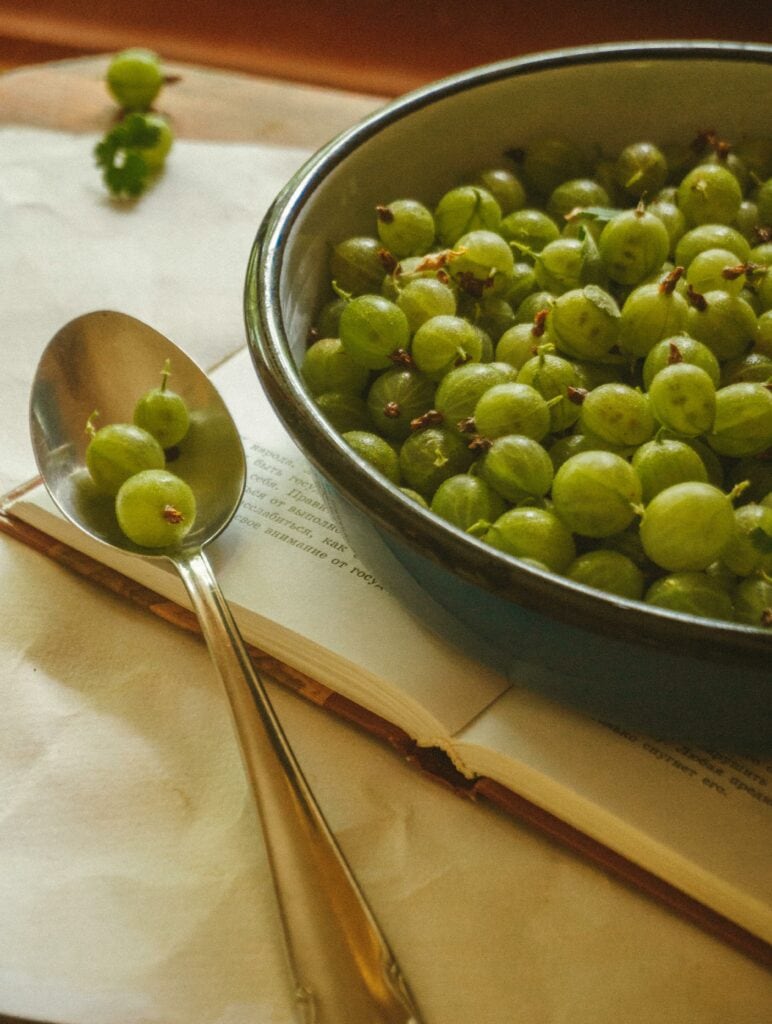 A bowl of vibrant fresh gooseberries with spoon on an open book in a warm, rustic composition.